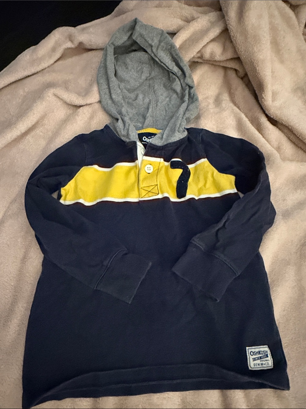5/$25 OshKosh B'gosh Navy and Yellow Crewneck Hoodie with Gray Hood
